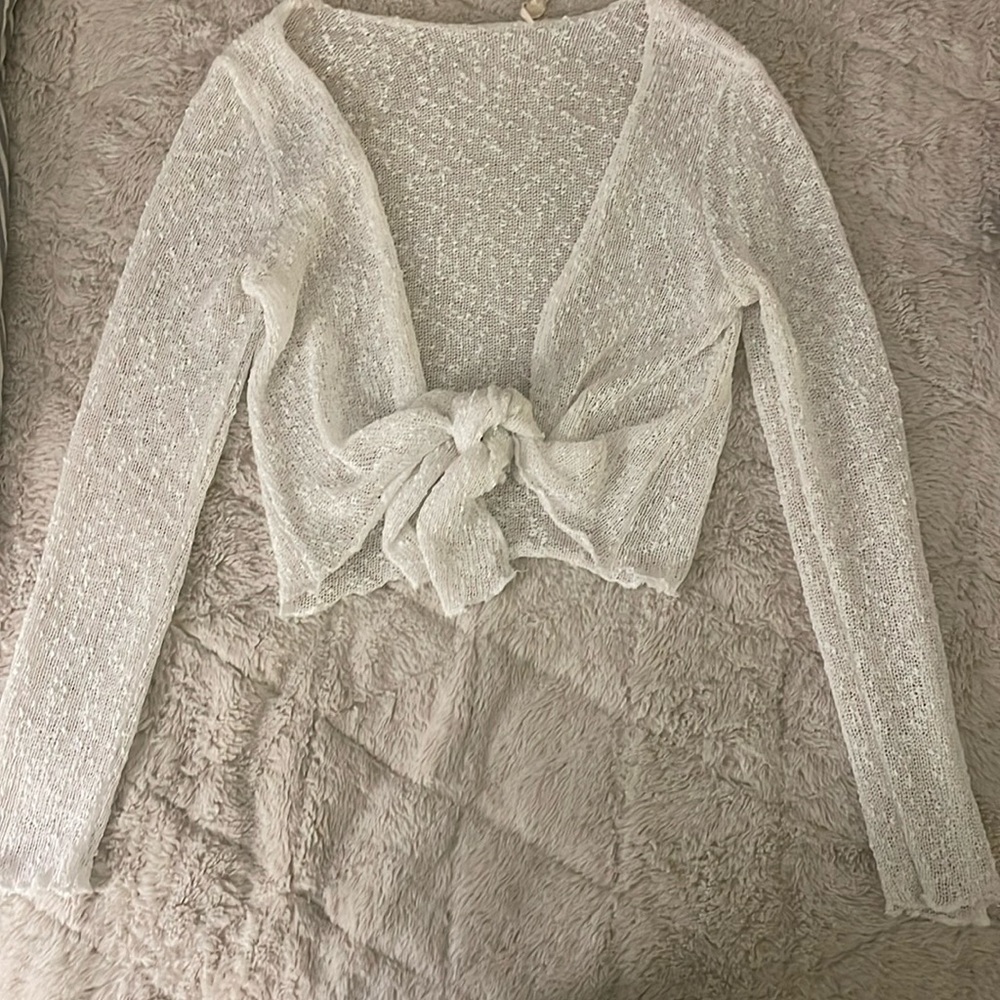long sleeve sheer front tie top